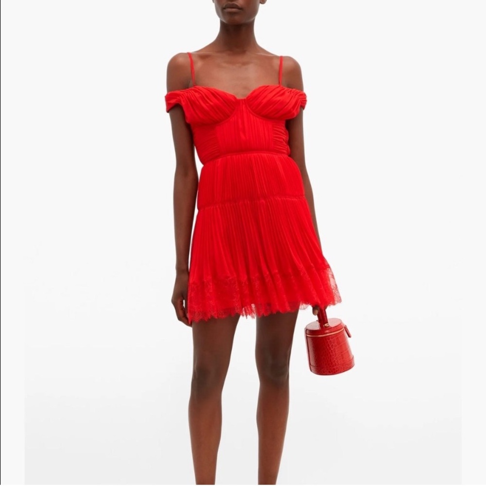 Self-Portrait Red Pleated Chiffon Mini Dress